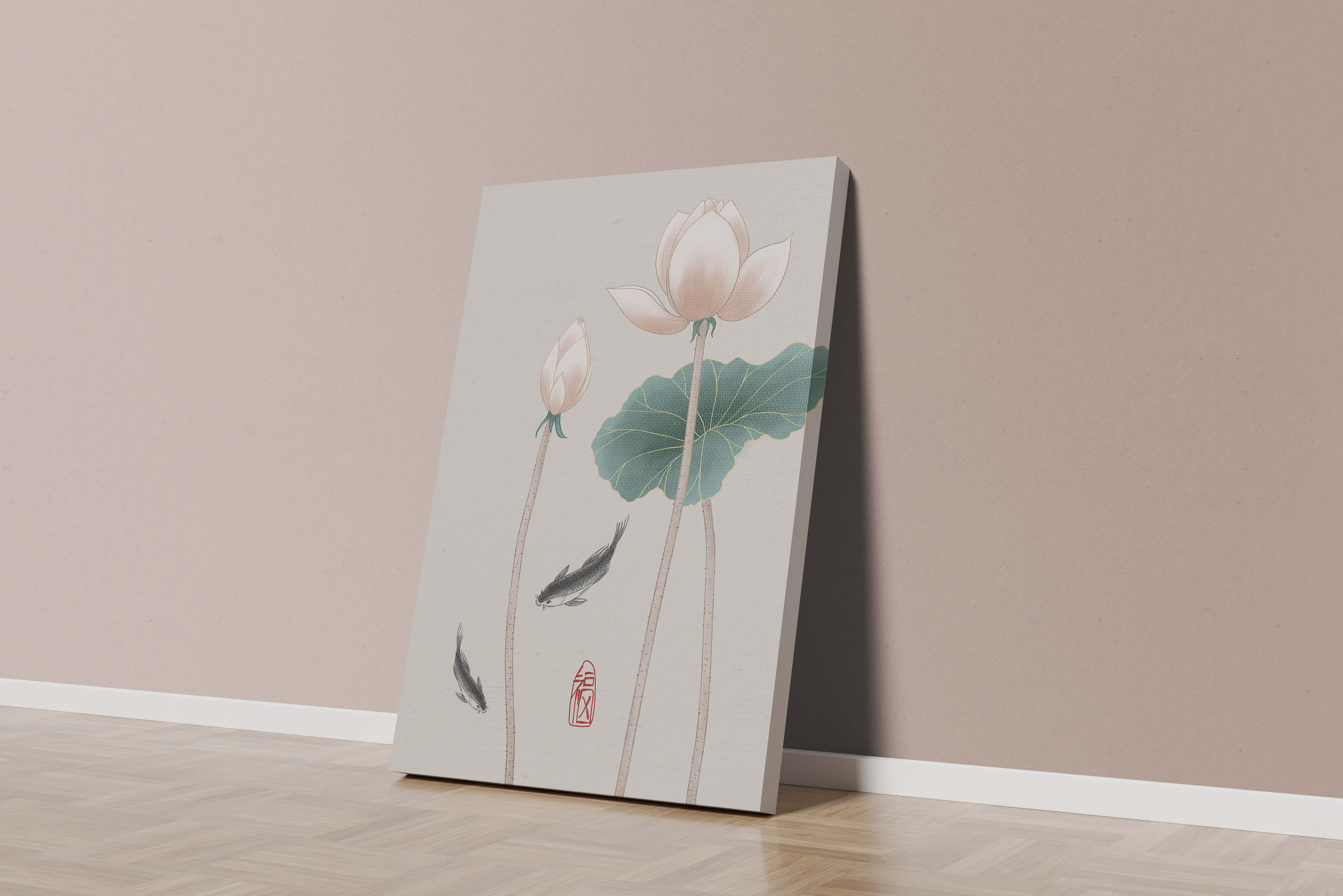 Lotus flowers and koi fish in minimalist Asian art illustration