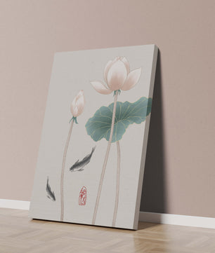 Fleurs de lotus et carpes koï dans une illustration d’art asiatique minimaliste