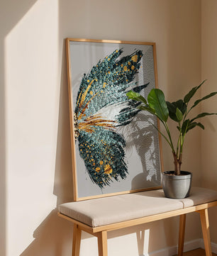 Ala de mariposa abstracta con detalles turquesa y dorados