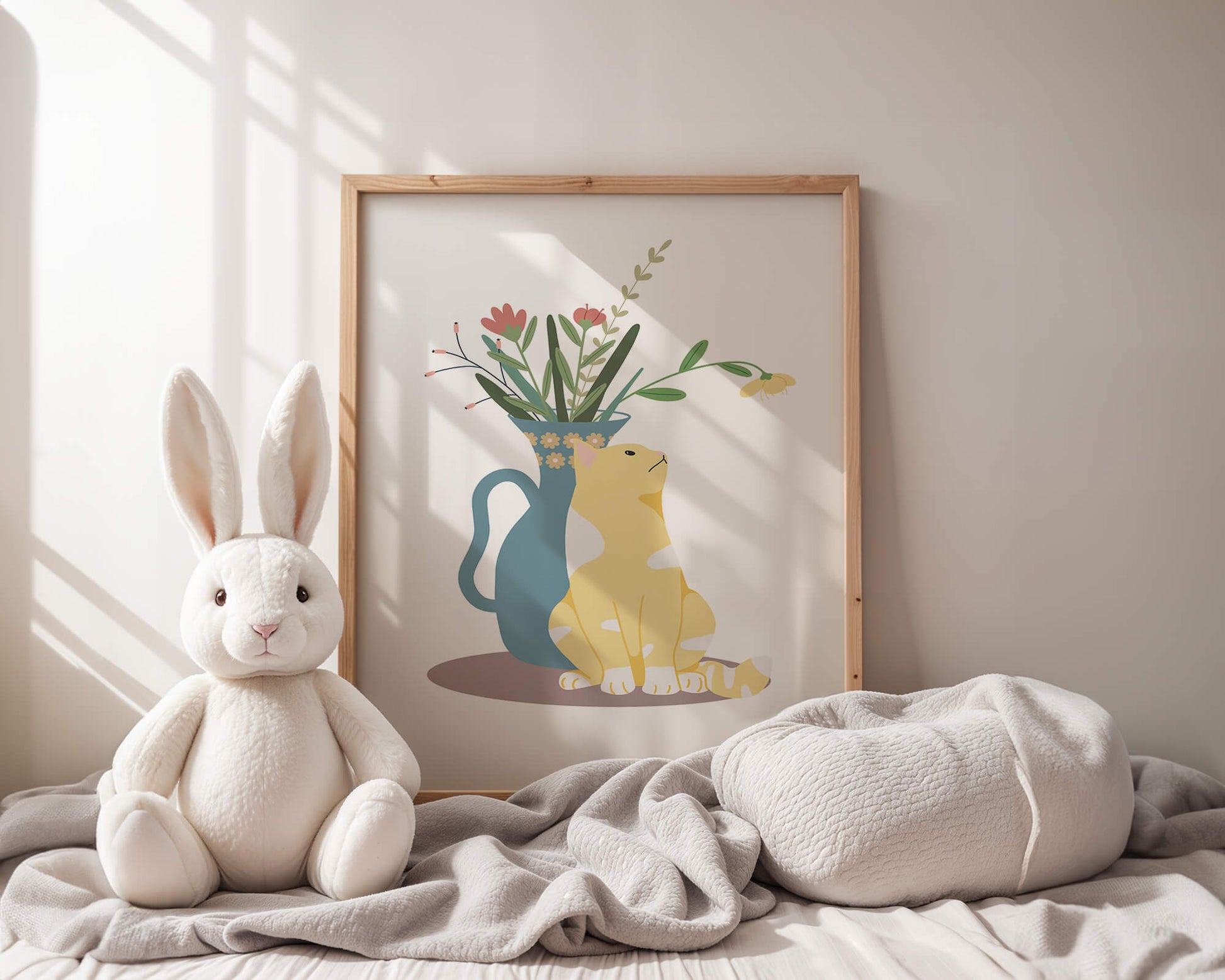 Illustration of a cat sitting beside a floral vase