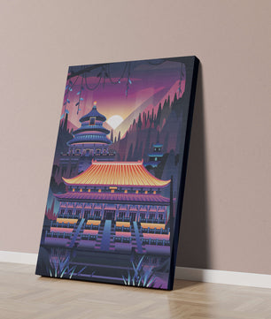 Neon Asian Temple at Sunset in Stylized Landscape