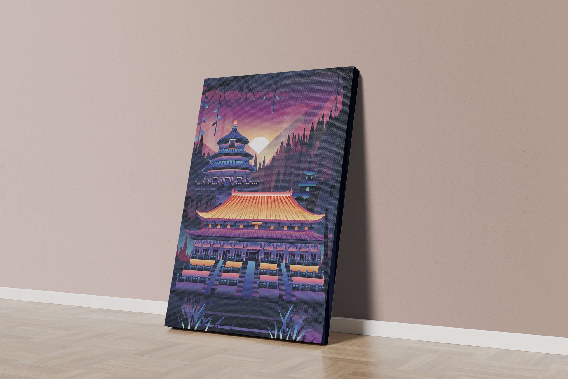 Neon Asian Temple at Sunset in Stylized Landscape
