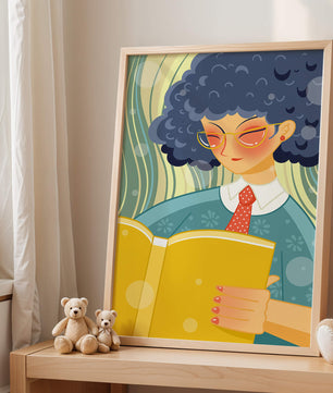 Illustration d'une personne lisant un grand livre jaune dans un style stylisé
