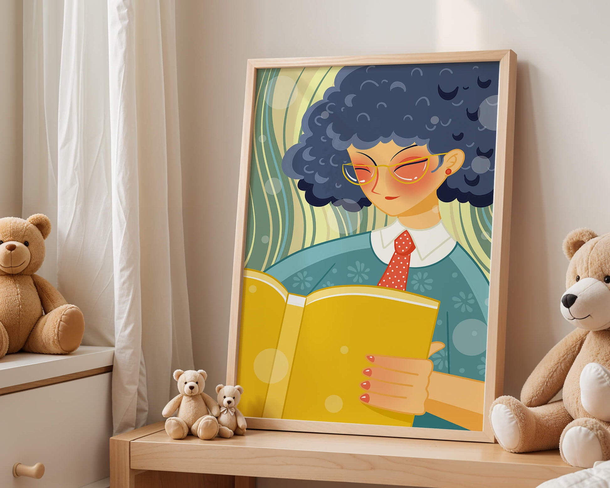 Illustration of a person reading a large yellow book in a stylized design