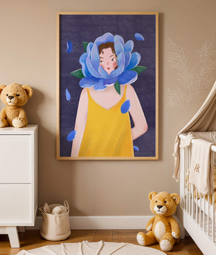 Illustration of woman with blue flower head and yellow dress