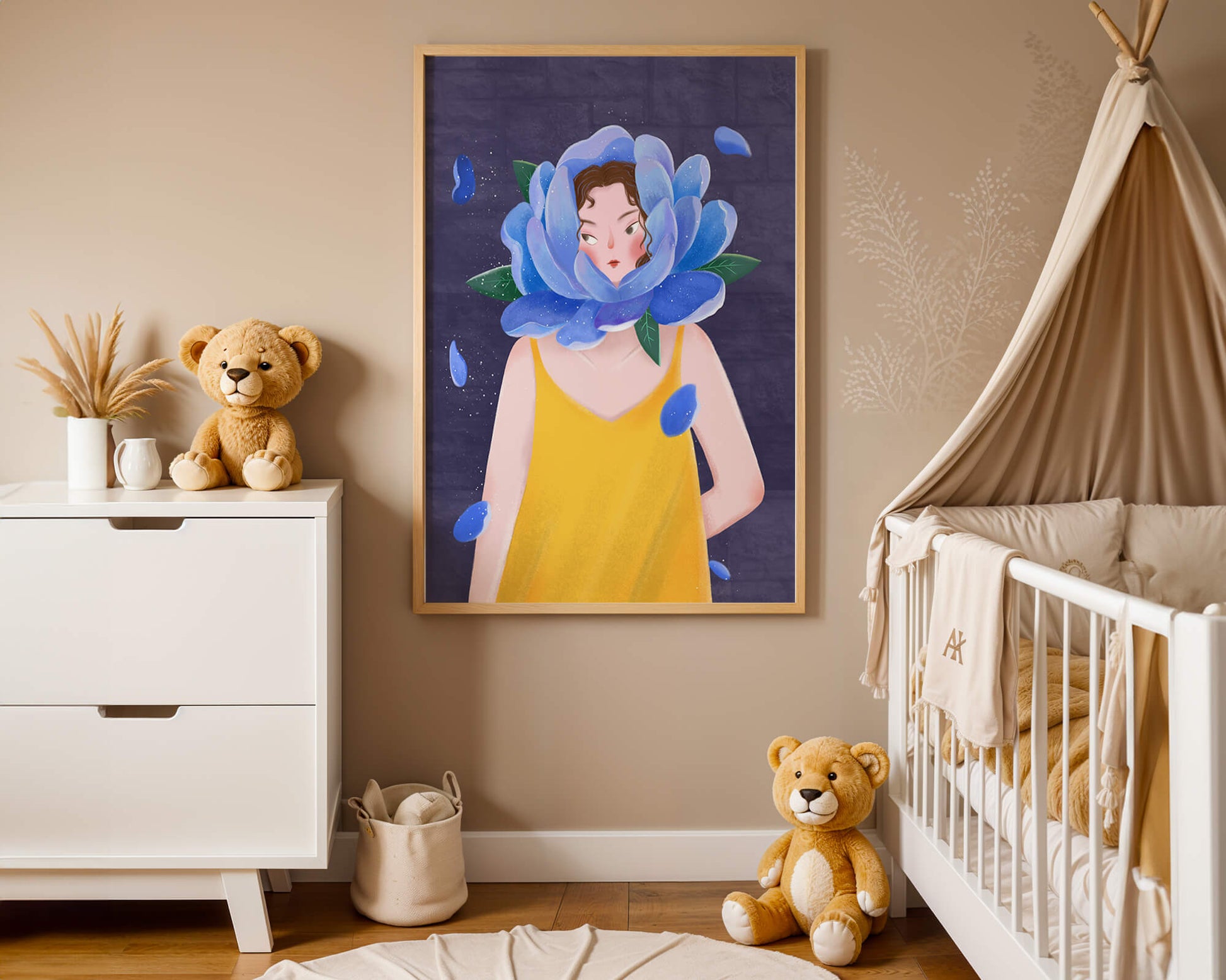 Illustration of woman with blue flower head and yellow dress