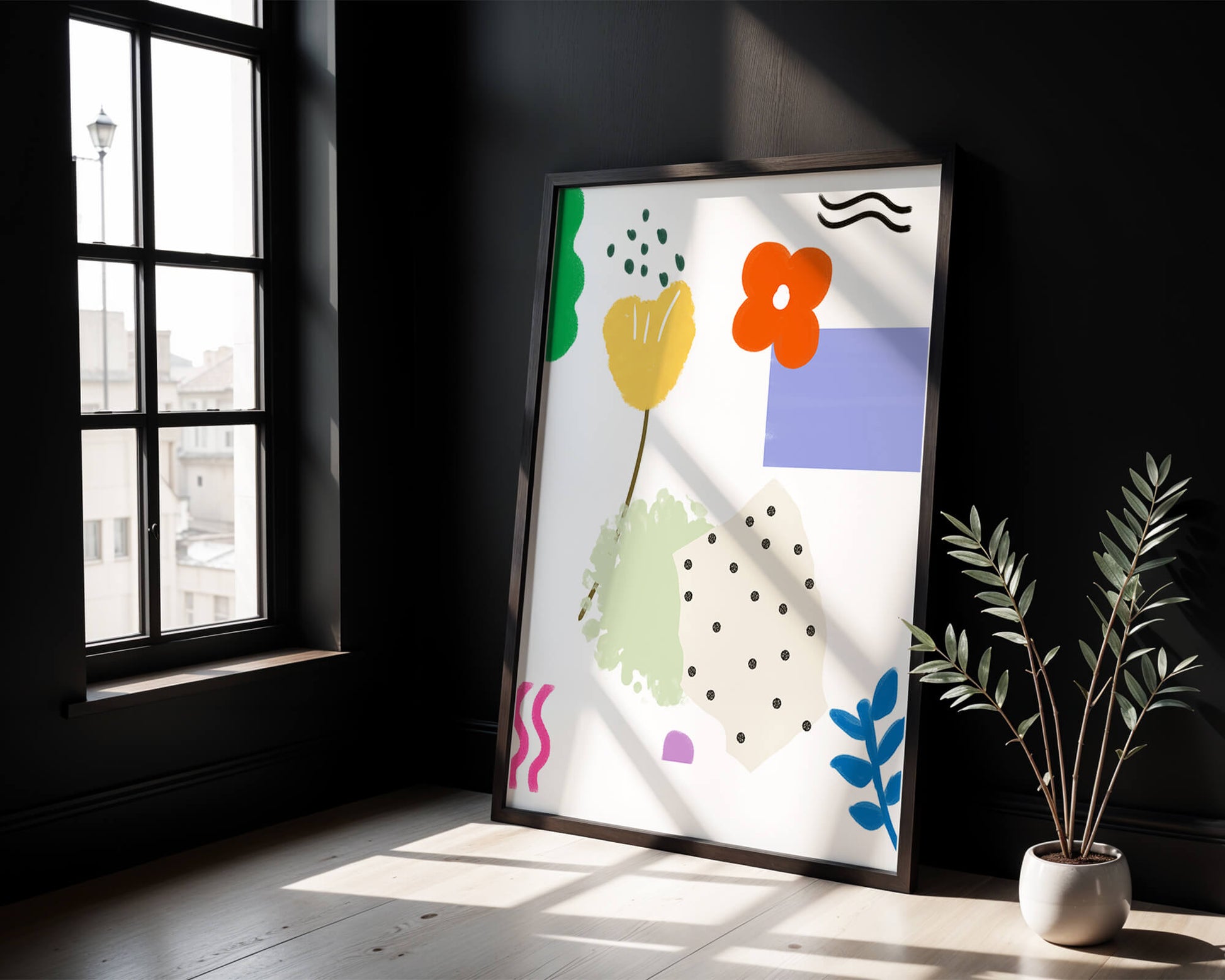 Abstract floral design with colorful geometric shapes