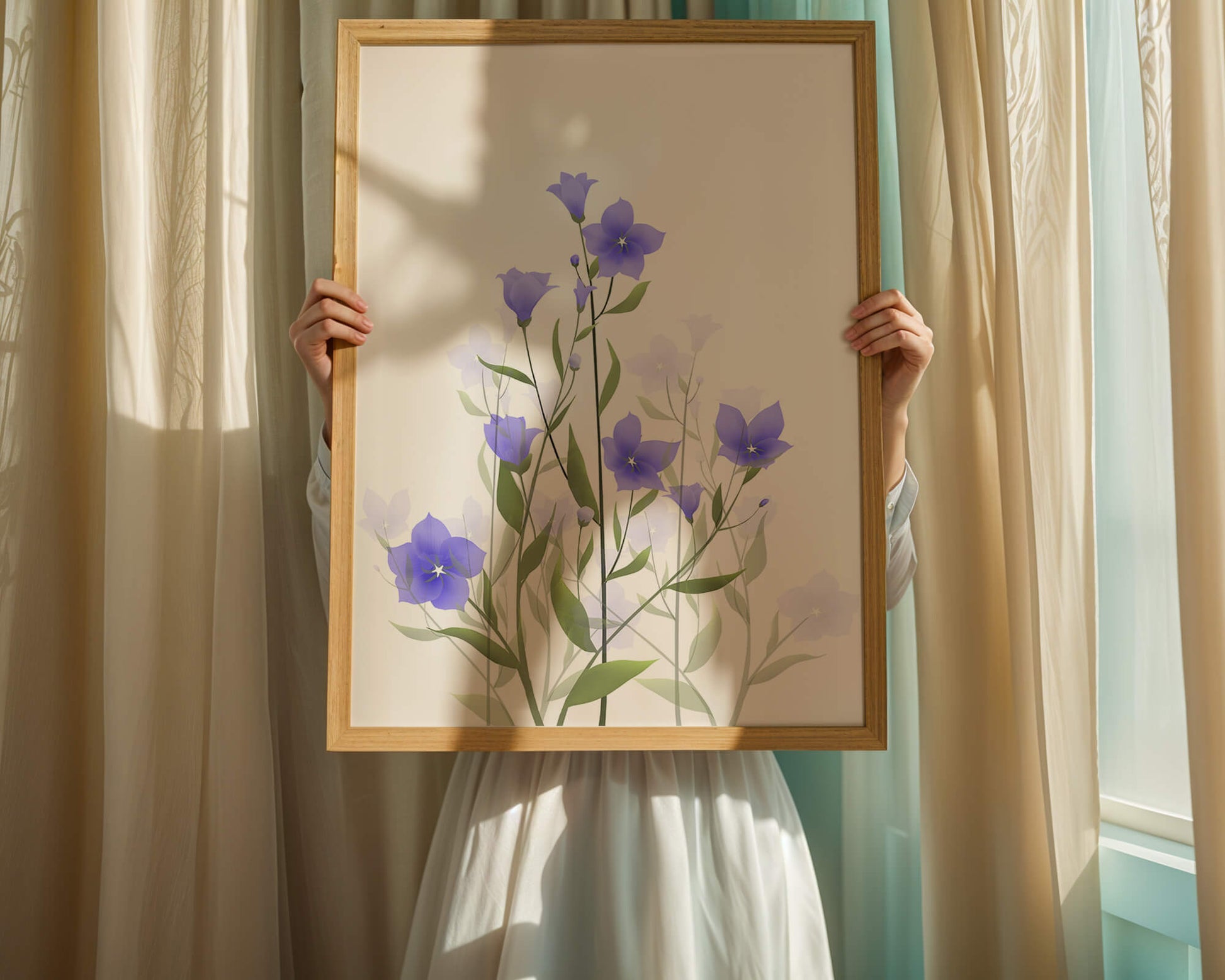 Elegant pastel blue flowers with green leaves on a white background