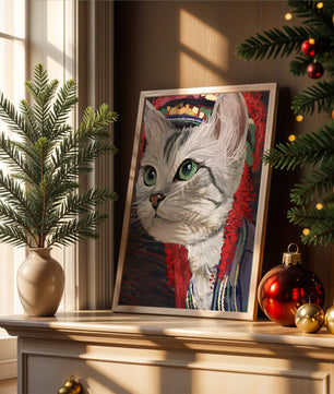Illustrated cat portrait with colorful accents