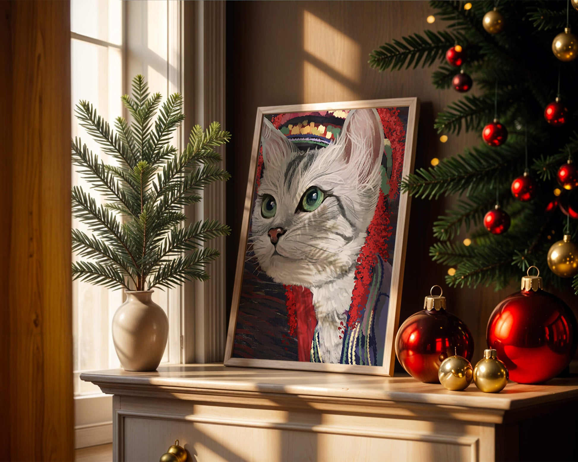 Illustrated cat portrait with colorful accents