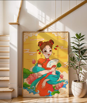 Ilustración oriental que presenta a una chica con atuendo tradicional, un abanico y flores de loto