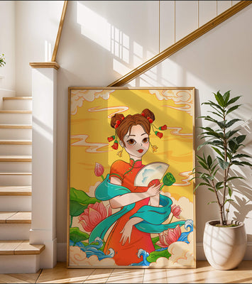 Oriental illustration featuring a girl in traditional attire with a fan and lotus flowers