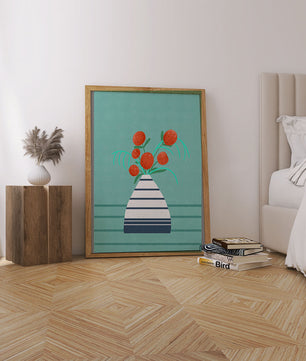 Vase with Red Flowers on a Textured Blue Background - Mi tienda