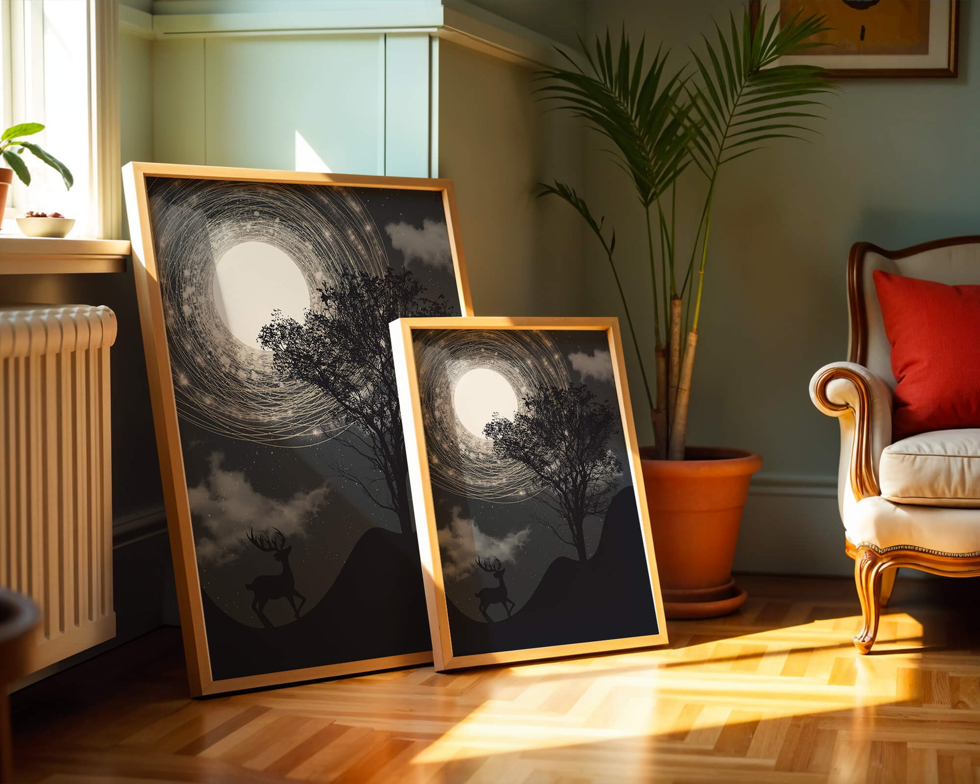 Enchanted night scene with deer silhouette and glowing moon