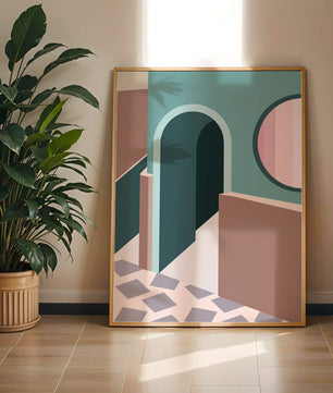 Abstract architectural scene with geometrical shapes