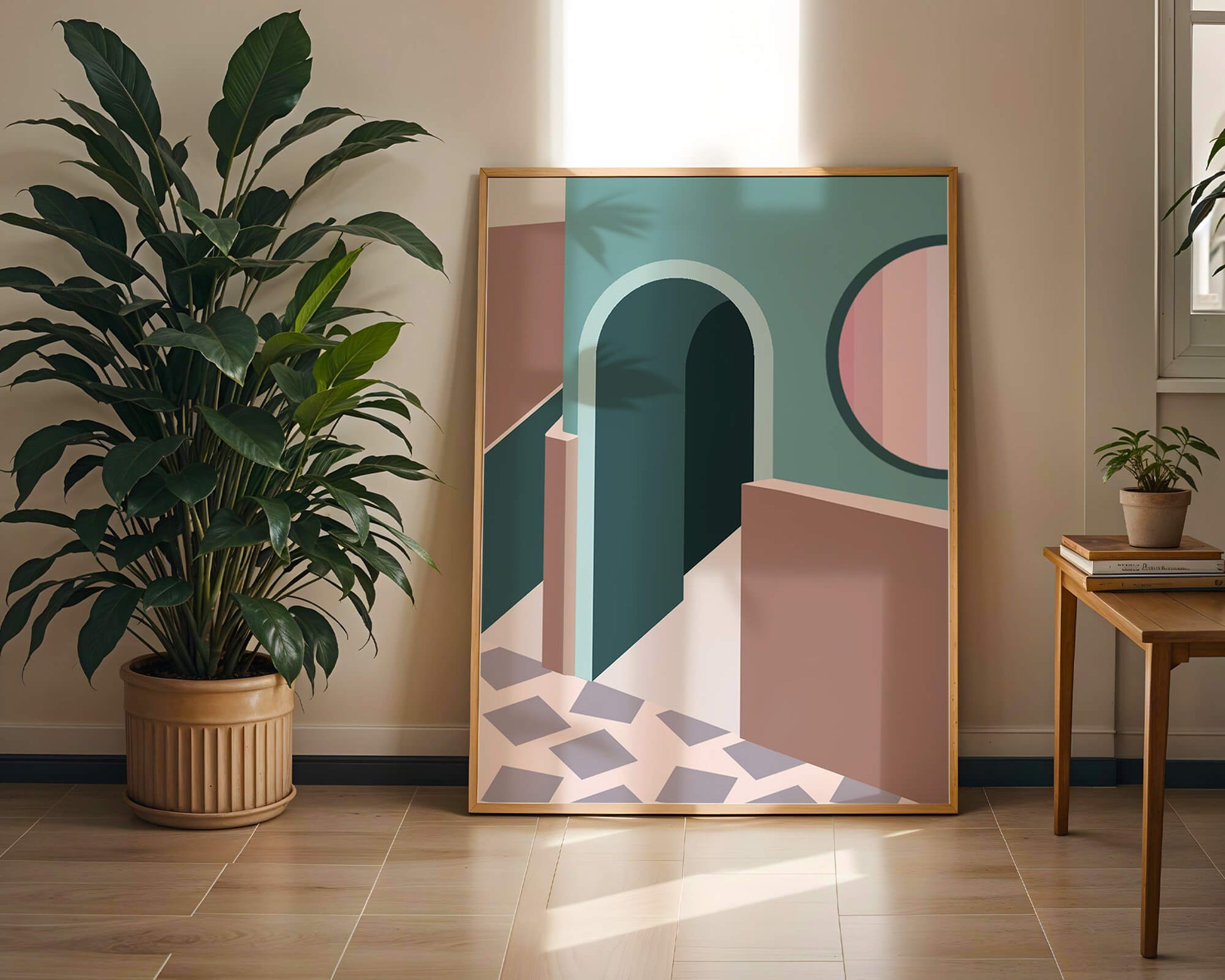 Abstract architectural scene with geometrical shapes