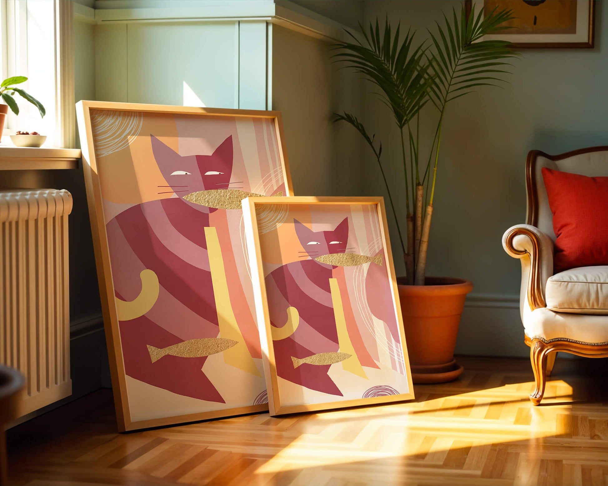 Abstract cat artwork with gold accents and colorful patterns