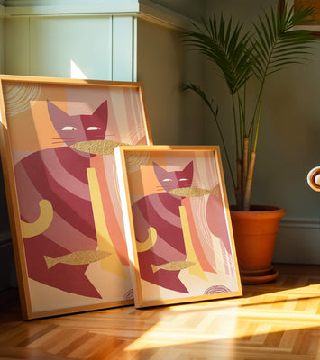 Abstract cat artwork with gold accents and colorful patterns
