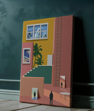 Surreale Architekturlandschaft mit tropischen Elementen und abstrakten Figuren