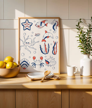Colorful marine life illustration featuring sea creatures on a dark background