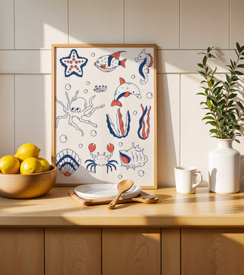 Colorful marine life illustration featuring sea creatures on a dark background
