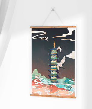 Scène illustrée d’une pagode traditionnelle avec des grues dans un paysage coloré