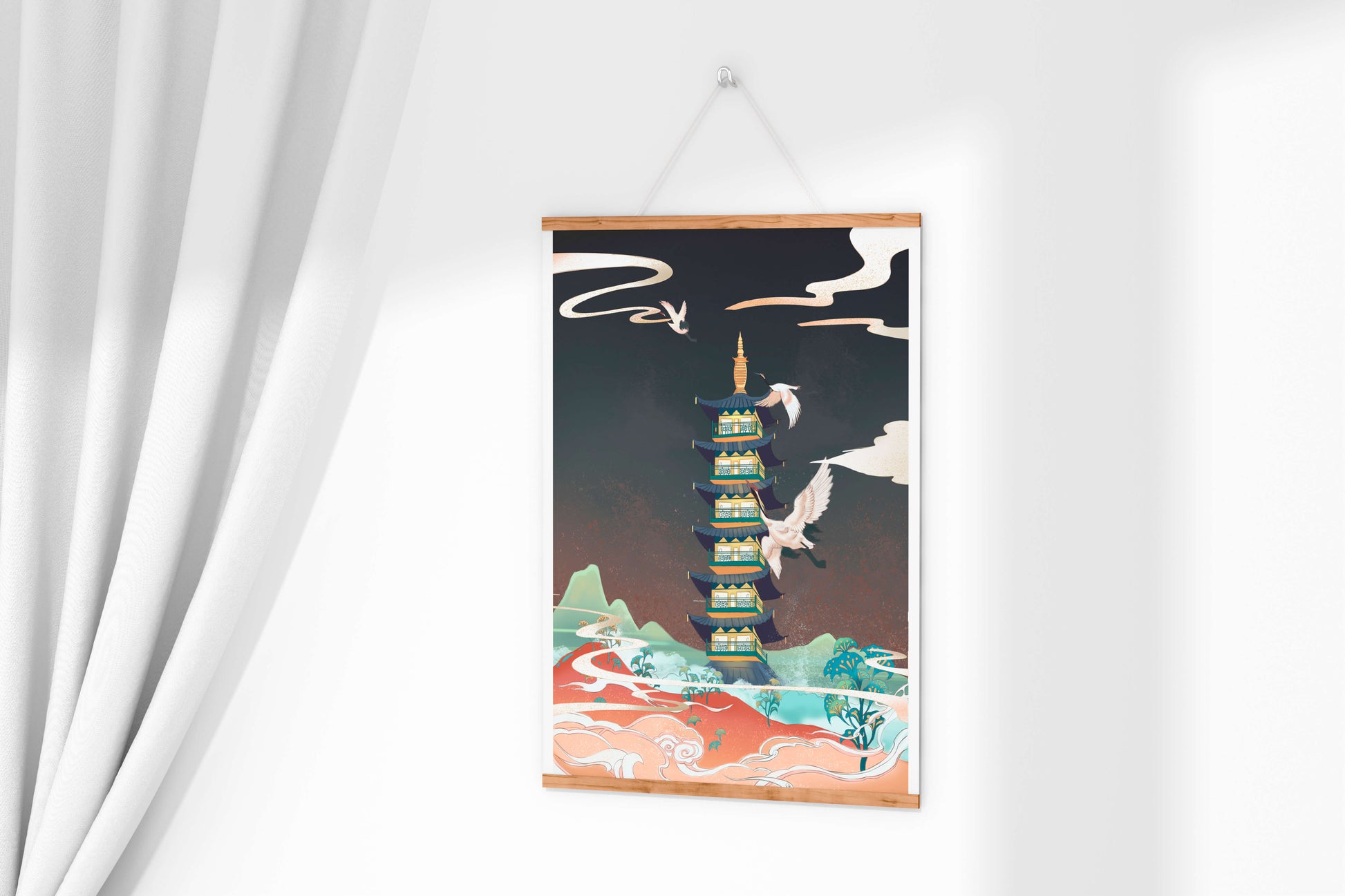 Illustrated scene of traditional pagoda with cranes in colorful landscape