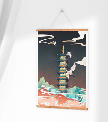 Illustrated scene of traditional pagoda with cranes in colorful landscape