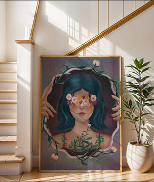 Portrait enchanteur d'une femme aux yeux floraux et aux cheveux noirs