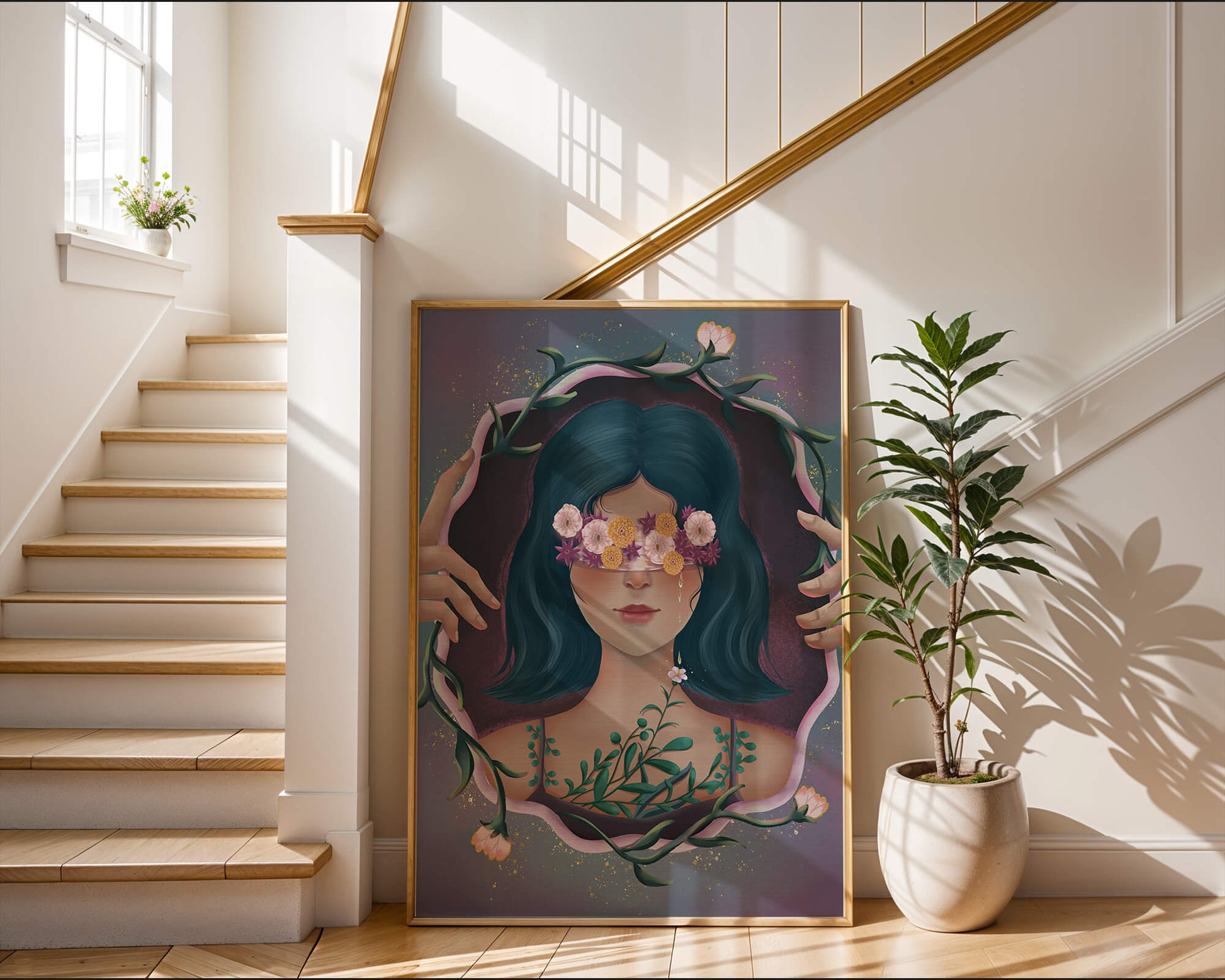 Retrato encantador de una mujer con ojos florales y cabello oscuro