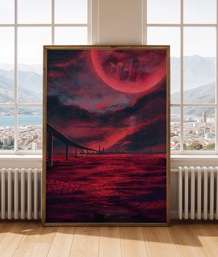 Surreal Scarlet Landscape with Bridge and Celestial Body