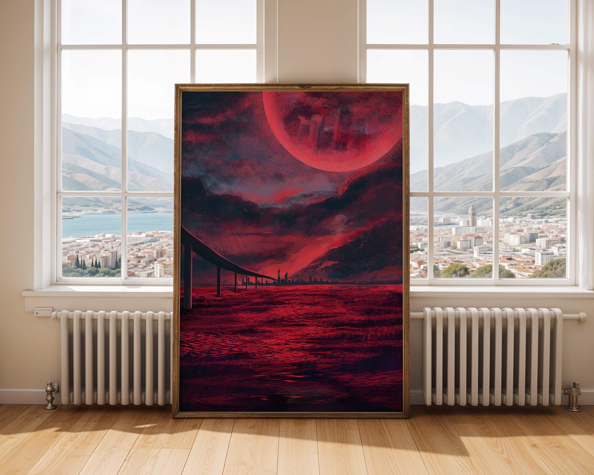Surreal Scarlet Landscape with Bridge and Celestial Body