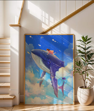 Illustration onirique d'une fille chevauchant une baleine à travers le ciel