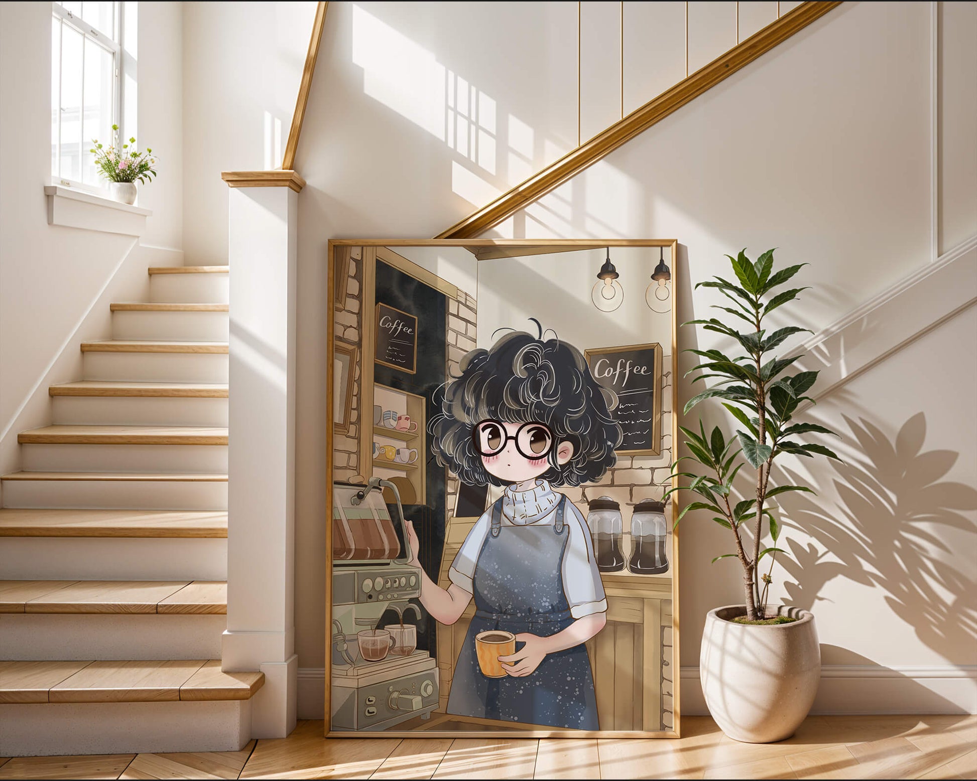 Escena encantadora de café con barista preparando café