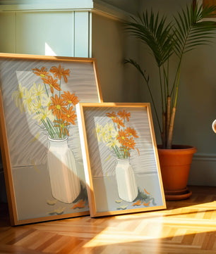 Vibrant daisies in a white vase illustration