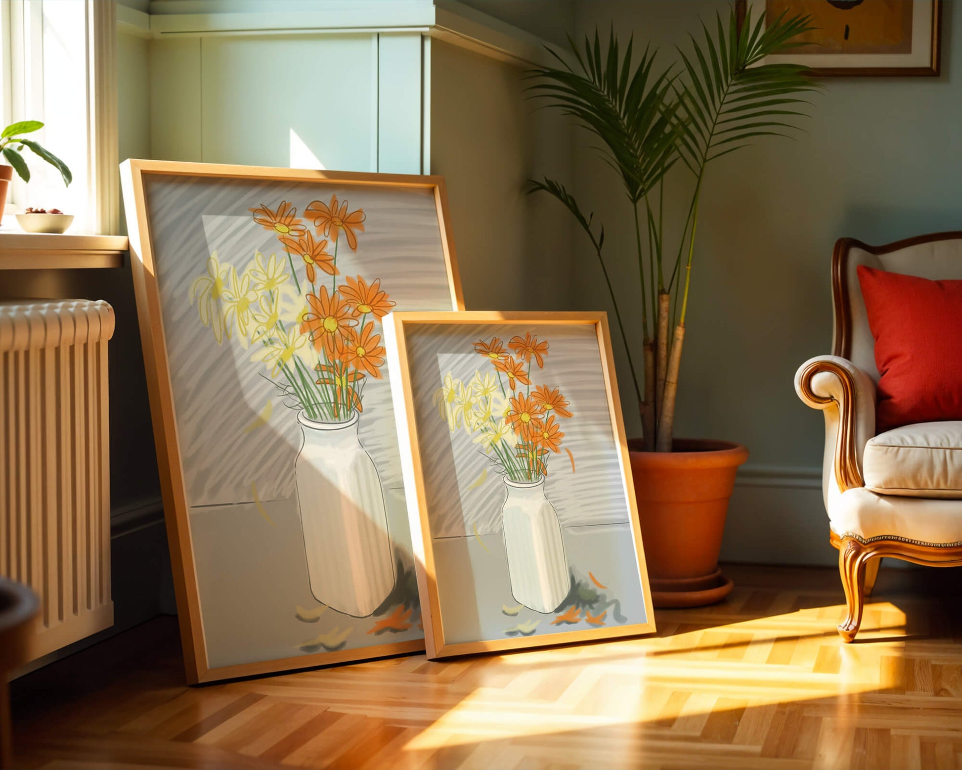Vibrant daisies in a white vase illustration