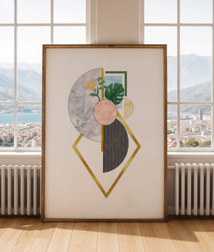 Arte geométrico abstracto con acentos florales y dorados