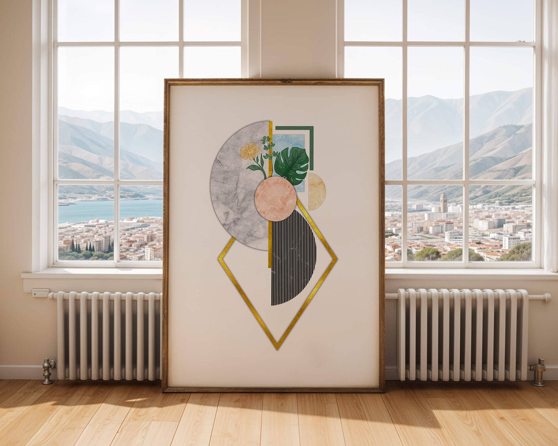 Abstract geometric art with floral and gold accents