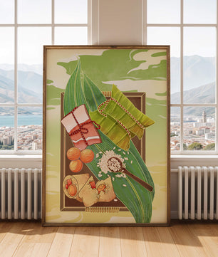 Traditional dumplings wrapped in leaves with ingredients on a vibrant background