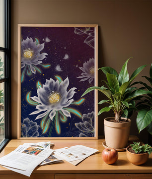Lotus Flowers and Butterflies in a Starry Night Sky with Gold Accents - Mi tienda