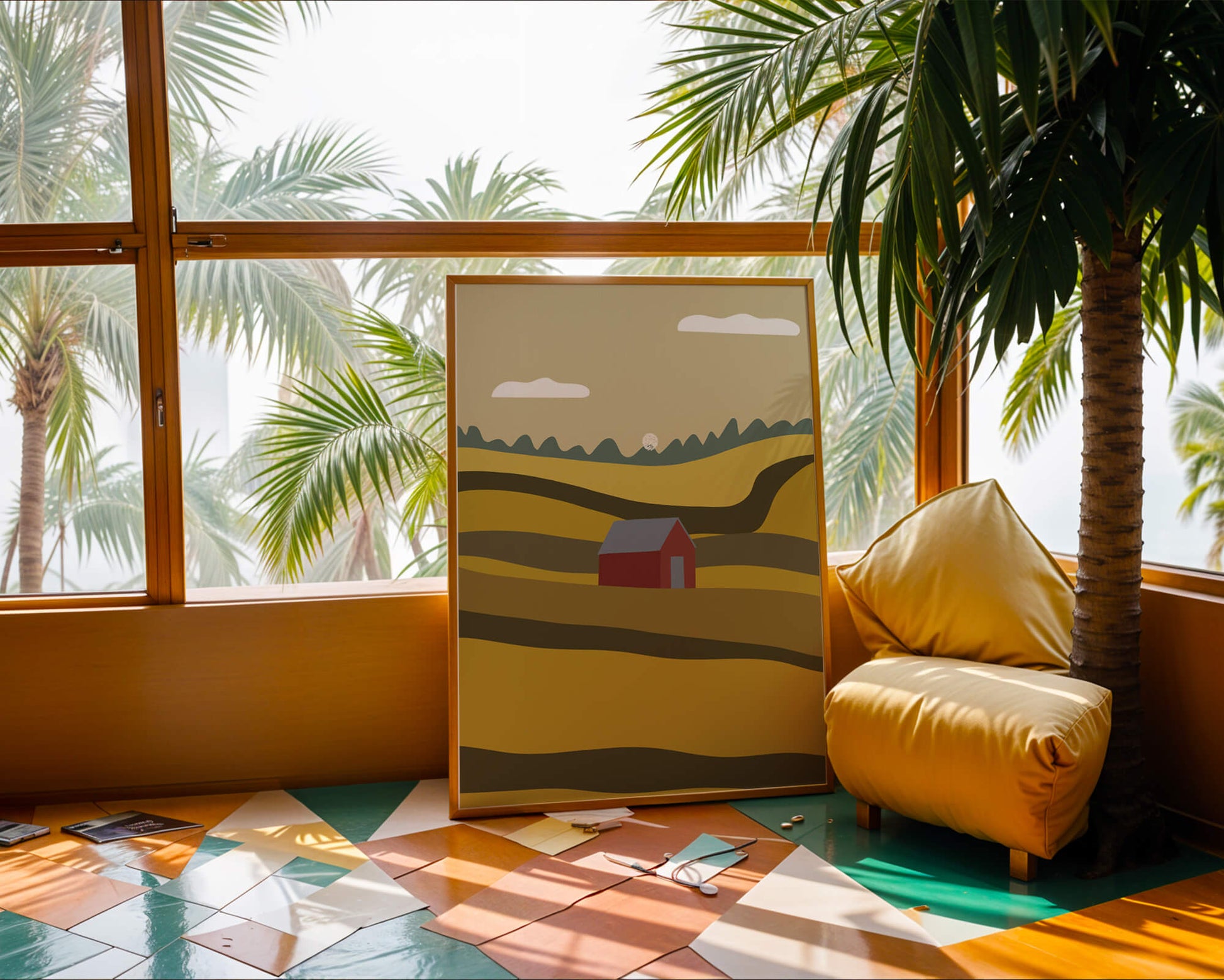 Paisaje con granero rojo entre colinas onduladas bajo un cielo azul