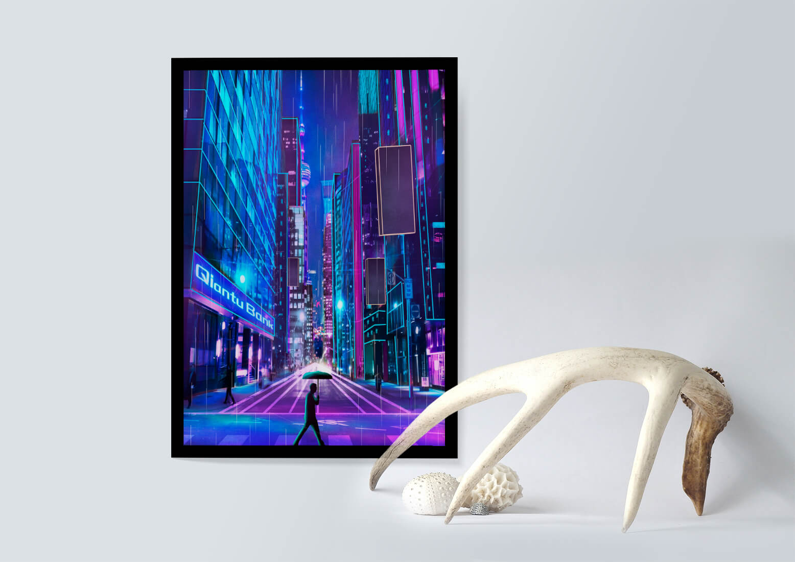 Futuristic urban street scene with neon lights and rainy atmosphere