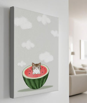 Whimsical art of a kitten in watermelon with clouds