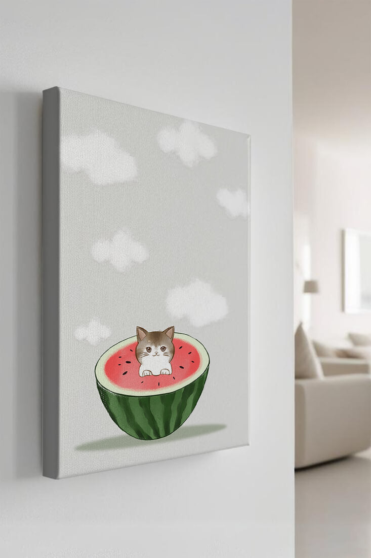 Whimsical art of a kitten in watermelon with clouds