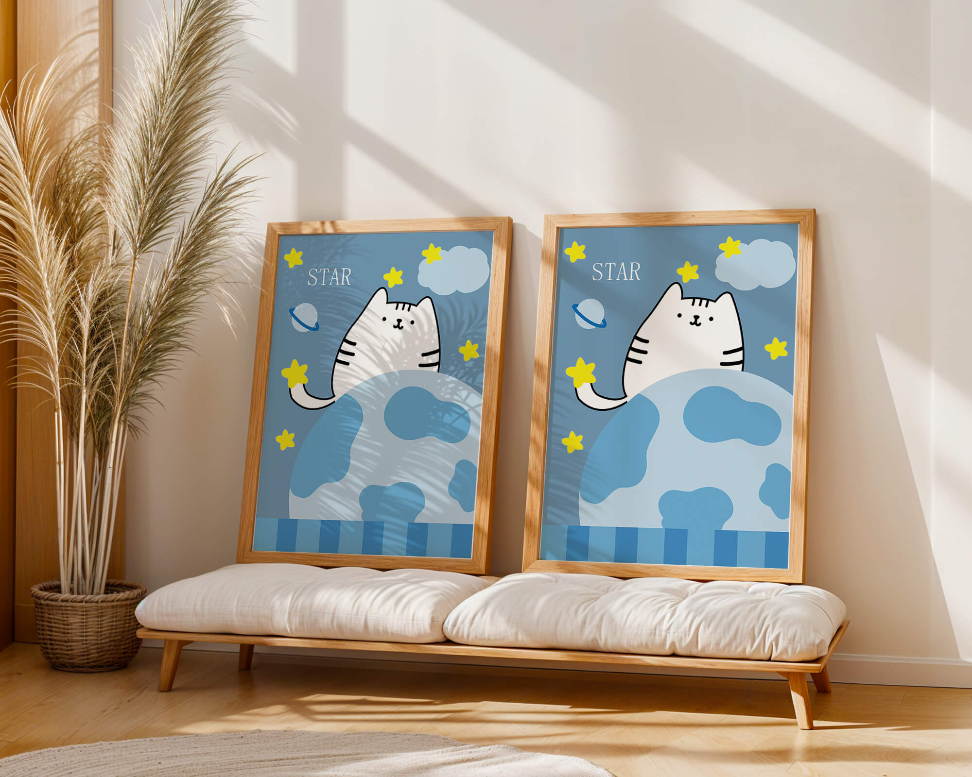 Illustration of a cute cat in space with stars and planets