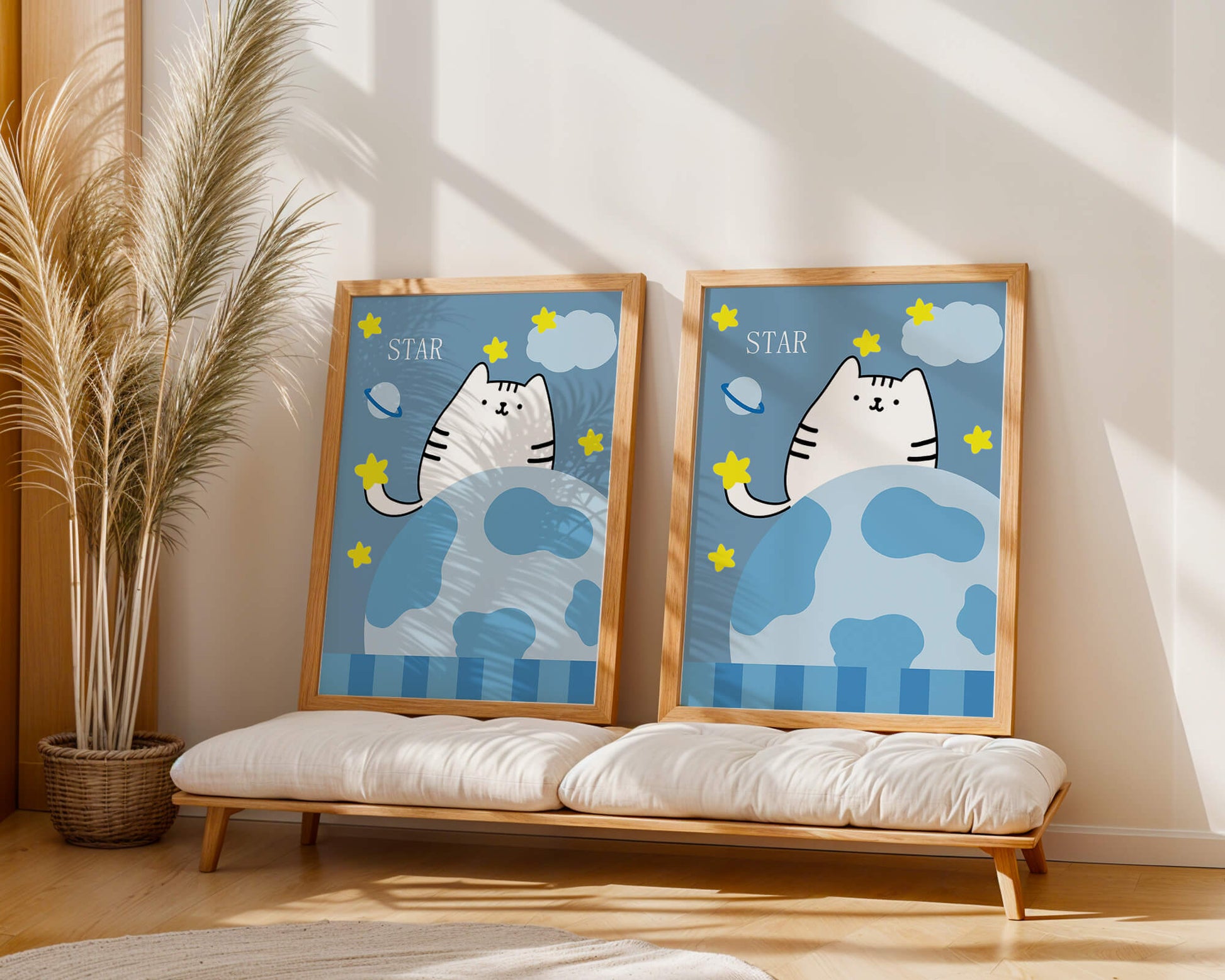 Illustration of a cute cat in space with stars and planets