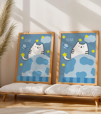 Illustration of a cute cat in space with stars and planets
