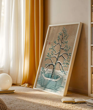 Paisaje invernal con ilustración de árbol bonsái cubierto de nieve