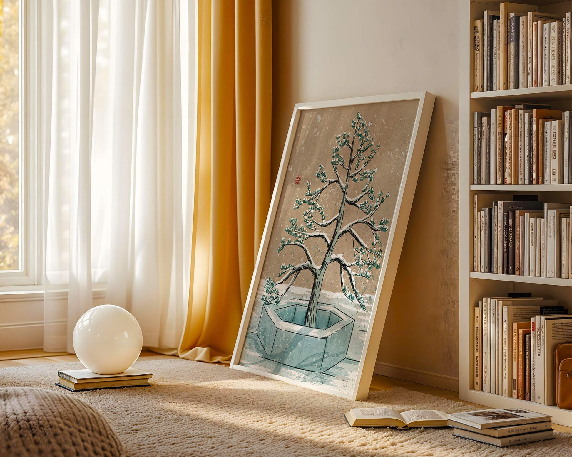 Paisaje invernal con ilustración de árbol bonsái cubierto de nieve