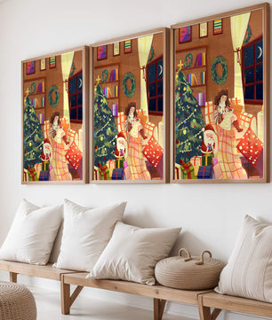 Cozy Christmas scene with tree, gifts, and a child by the window